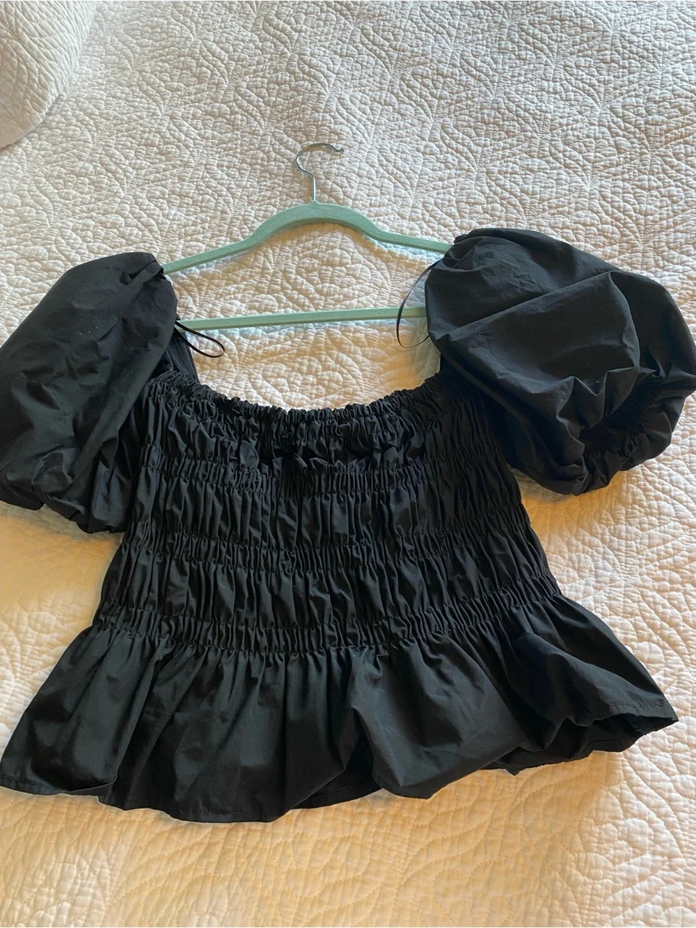 ASTR Black Puff-Sleeve Smocked Peplum Top